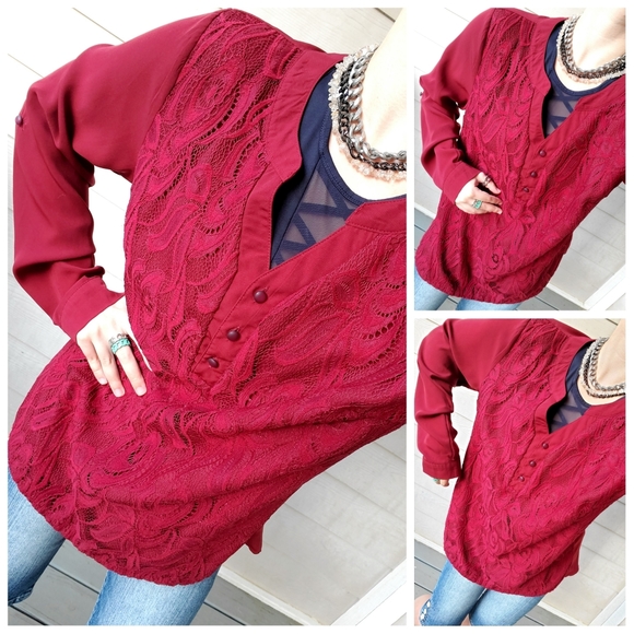 Rotita Red Burgundy Lace Overlay Long Roll-tab Sleeve V-neck Henley Tunic Top - Picture 3 of 16